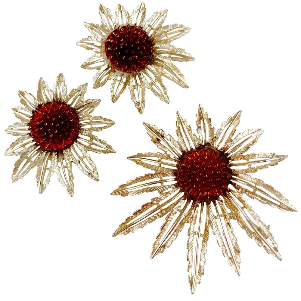 VTG Signed Sarah Coventry Sunflower Brooch Earrings Set Gold Tone 1960s Jewelry